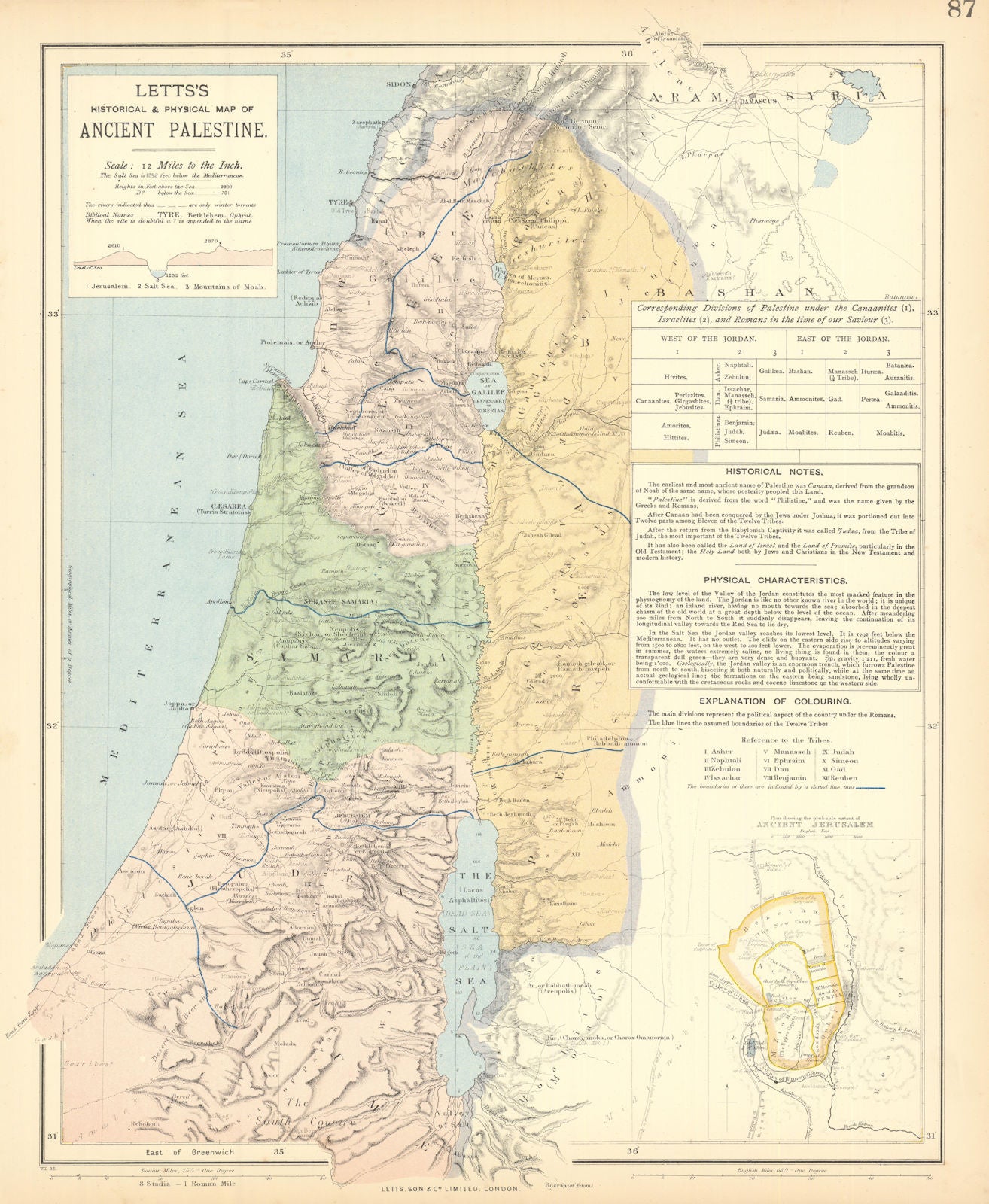 ANCIENT PALESTINE Samaria Galilee Pera Judaea. Ancient Jerusalem. LETTS 1892 map